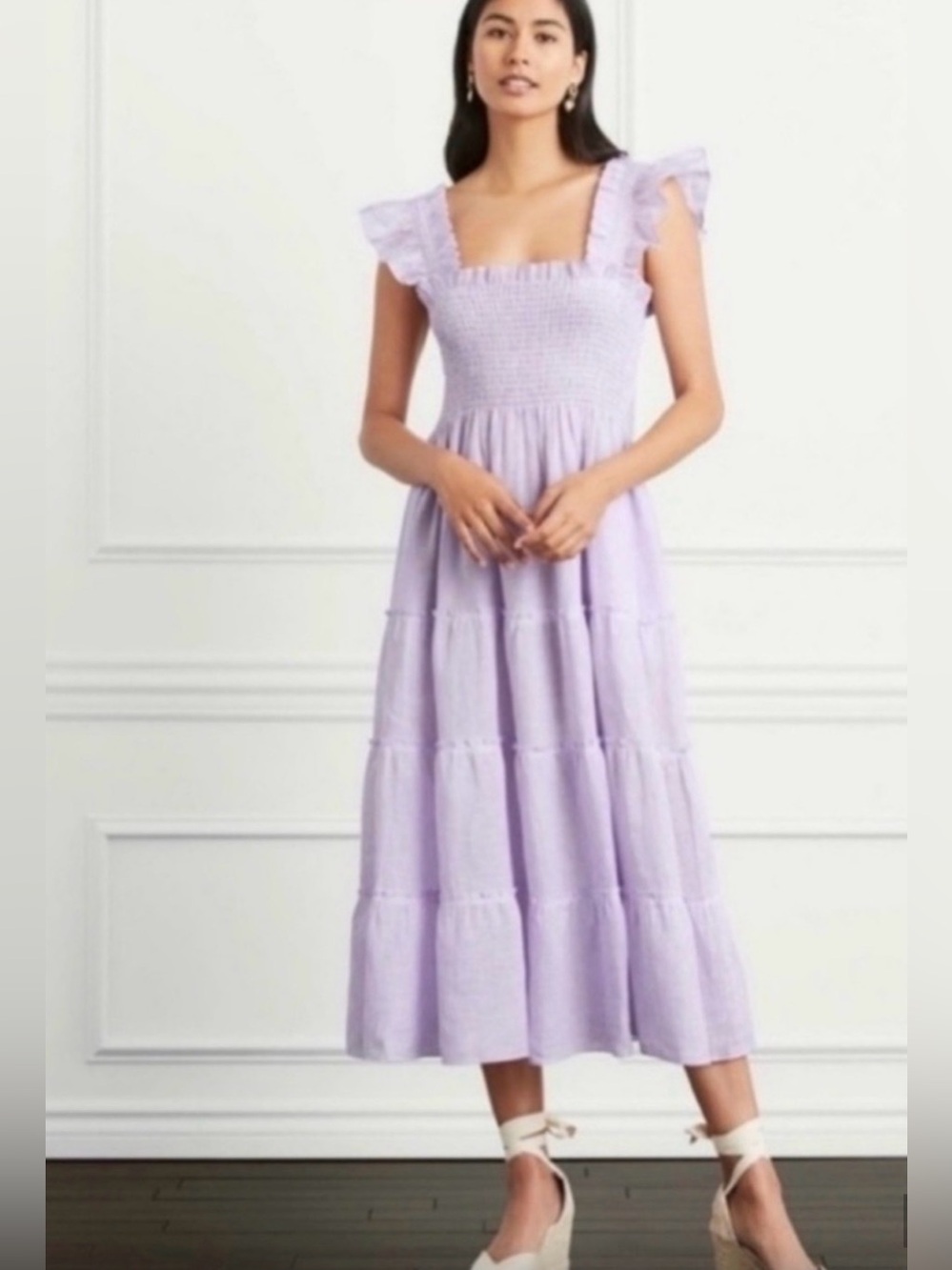 Hill House Ellie Nap Dress Lavender Stripe Linen XXS Smocked Tiered Midi